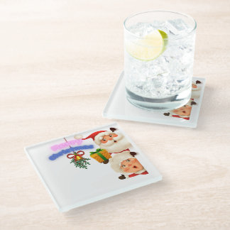 Cute Santa & Mrs. Claus Merry Christmas Greeting Glass Coaster
