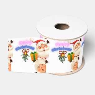 Cute Santa & Mrs. Claus Merry Christmas Greeting Grosgrain Ribbon