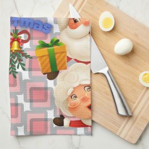 Cute Santa & Mrs. Claus Merry Christmas Greeting Kitchen Towel