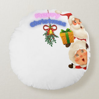 Cute Santa & Mrs. Claus Merry Christmas Greeting  Round Pillow