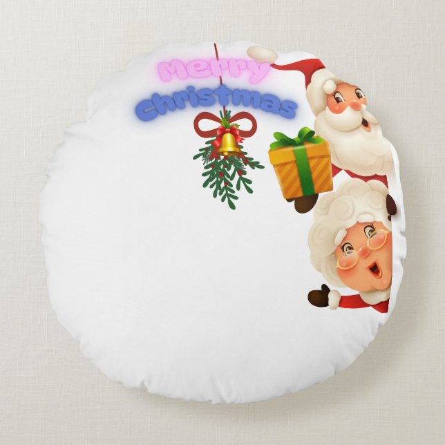Cute Santa & Mrs. Claus Merry Christmas Greeting  Round Pillow (Front)