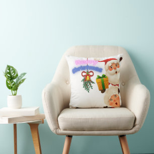 Cute Santa & Mrs. Claus Merry Christmas Greeting Throw Pillow
