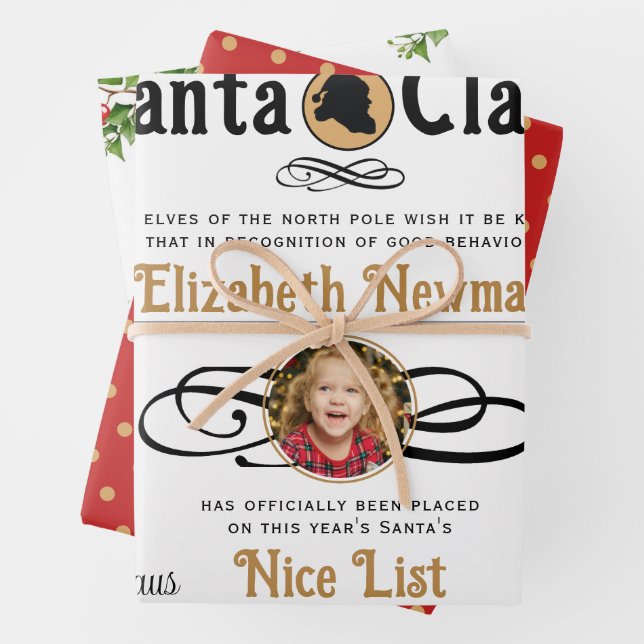 Cute Santa Nice List Certiificate Photo Wrapping Paper Sheet (In situ)