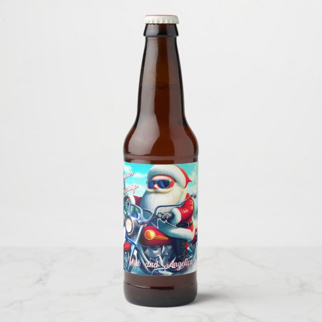 Cute Santa on a Motorcycle Beer Bottle Label (Front)