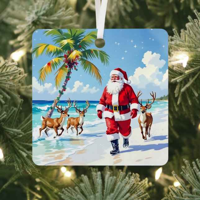 Cute Santa on Beach with Reindeer Personalized Metal Ornament (Insitu)