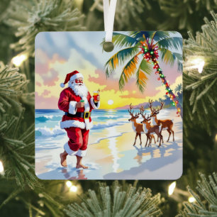 Cute Santa on Beach with Reindeer Personalized Metal Ornament