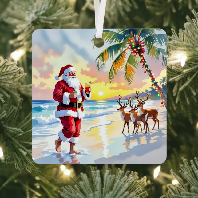 Cute Santa on Beach with Reindeer Personalized Metal Ornament (Insitu)