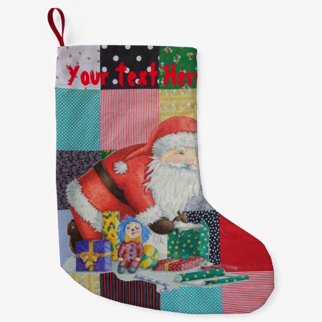 cute santa on patchwork background small christmas stocking (Front)