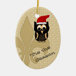 Cute Santa Owl Fleur de Lis Christmas Ceramic Ornament