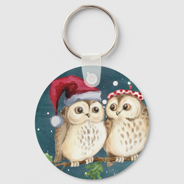 Cute Santa Owls with hats Keychain (Front)