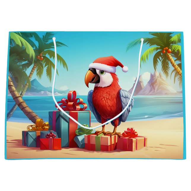 Cute Santa Parrot Tropical Beach Christmas Large Gift Bag (Front)