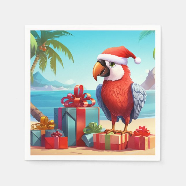 Cute Santa Parrot Tropical Beach Christmas Napkin (Front)