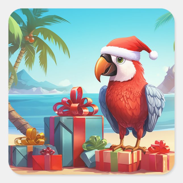 Cute Santa Parrot Tropical Beach Christmas Square Sticker (Front)