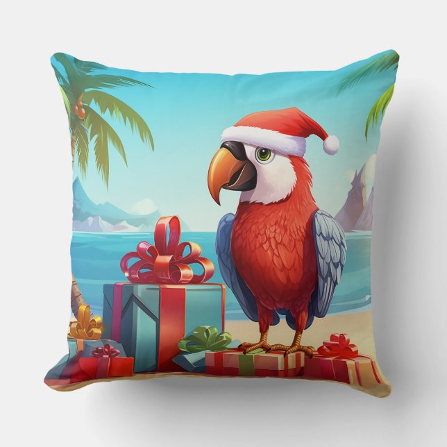 Cute Santa Parrot Tropical Beach Christmas Throw Pillow (Front)