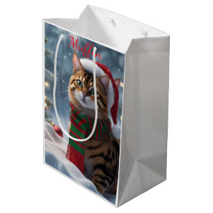 Cute Santa Paws Bengal Cat Christmas Personalized Medium Gift Bag