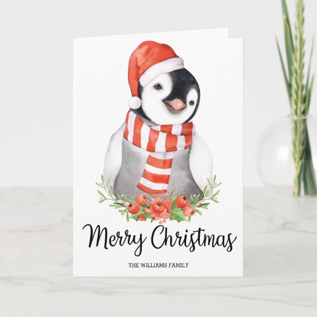 Cute Santa Penguin Merry Christmas Greetings Holiday Card (Front)