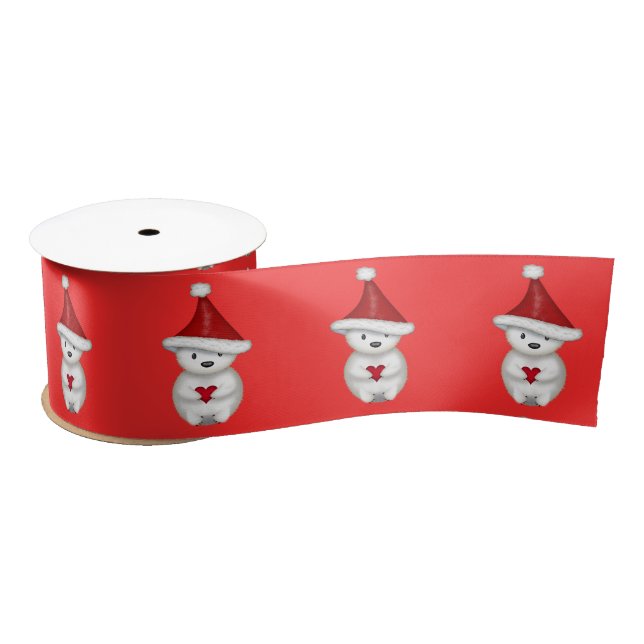 Cute Santa Polar Bear holding Heart Satin Ribbon (Spool)