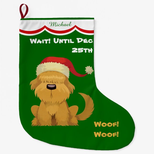 Cute Santa Puppy Personalized Large Christmas Stocking (Front)