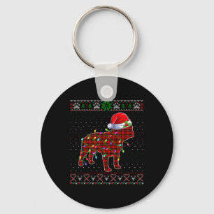 Cute Santa Red Plaid French Bulldog Light Ugly Xma Keychain