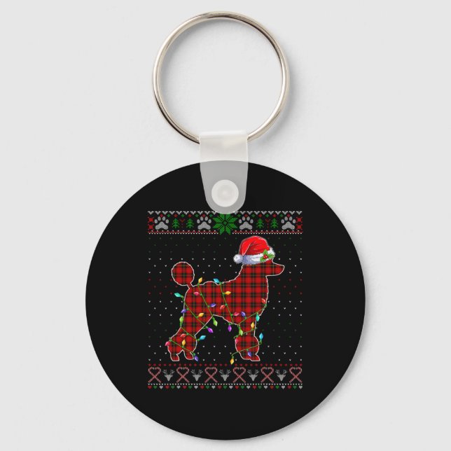 Cute Santa Red Plaid Poodle Light Ugly Christmas   Keychain (Front)