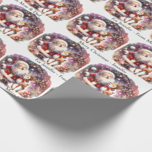Cute Santa Reindeer Add Child's Name Christmas Wrapping Paper