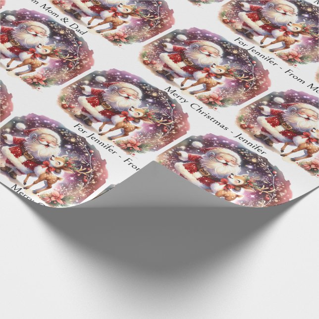 Cute Santa Reindeer Add Child's Name Christmas Wrapping Paper (Corner)