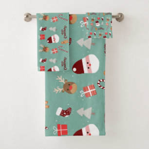 Cute Santa Reindeer Candy Cane Gingerbread Pattern Bath Towel Set