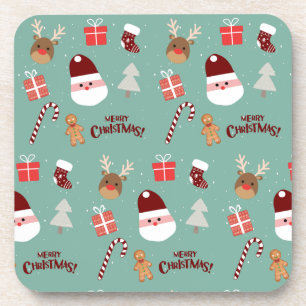 Cute Santa Reindeer Candy Cane Gingerbread Pattern Coaster