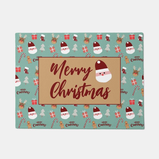 Cute Santa Reindeer Candy Cane Gingerbread Pattern Doormat (Front)