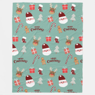 Cute Santa Reindeer Candy Cane Gingerbread Pattern Fleece Blanket