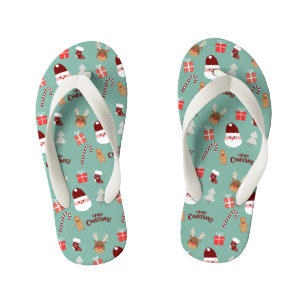 Cute Santa Reindeer Candy Cane Gingerbread Pattern Kid's Flip Flops