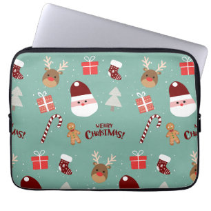 Cute Santa Reindeer Candy Cane Gingerbread Pattern Laptop Sleeve