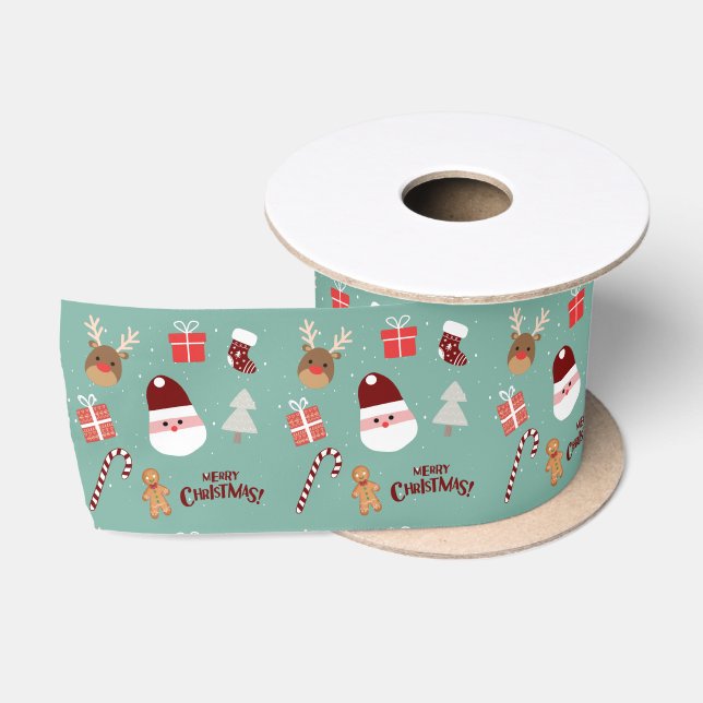 Cute Santa Reindeer Candy Cane Gingerbread Pattern Satin Ribbon (Spool)