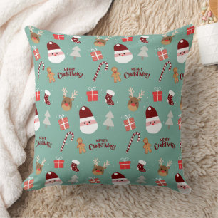 Cute Santa Reindeer Candy Cane Gingerbread Pattern Throw Pillow