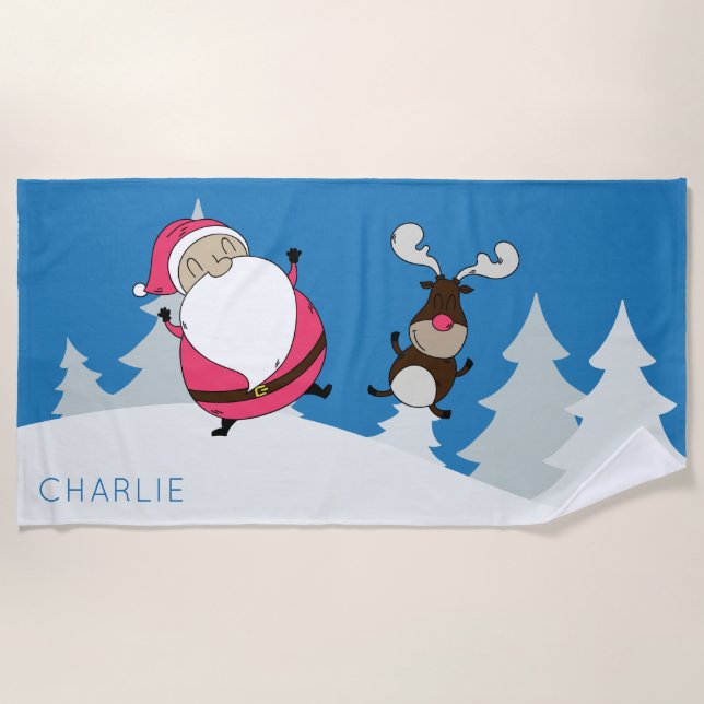 Cute Santa & Reindeer custom name beach towel (Front)