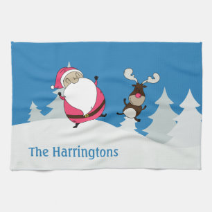 Cute Santa & Reindeer custom name kitchen towel