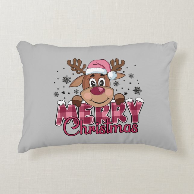 Cute Santa Reindeer Grey Merry Christmas Accent Pillow (Front)
