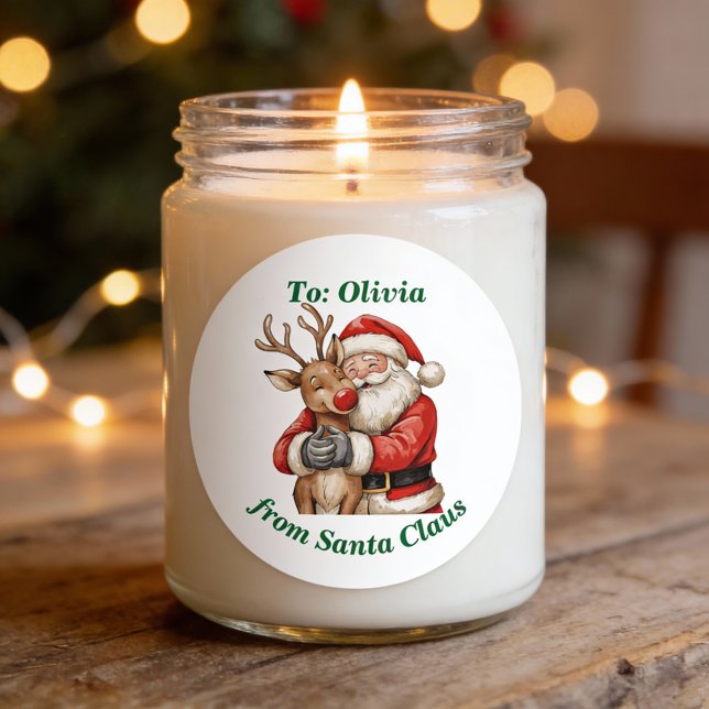 Cute Santa & Reindeer Hug Custom Red Christmas   Classic Round Sticker (Creator Uploaded)