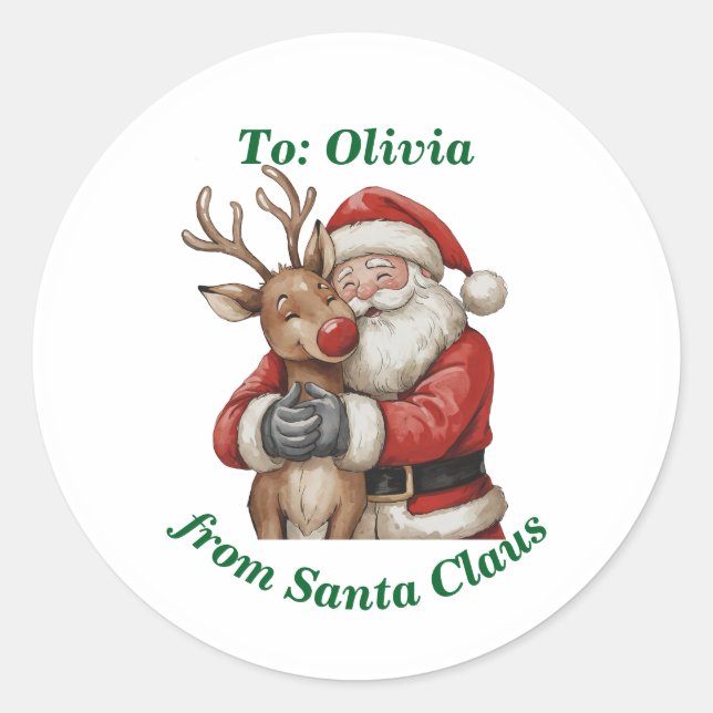Cute Santa & Reindeer Hug Custom Red Christmas   Classic Round Sticker (Front)
