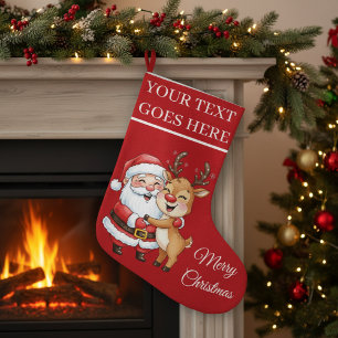 Cute Santa & Reindeer Hugging Personalized Large Christmas Stocking