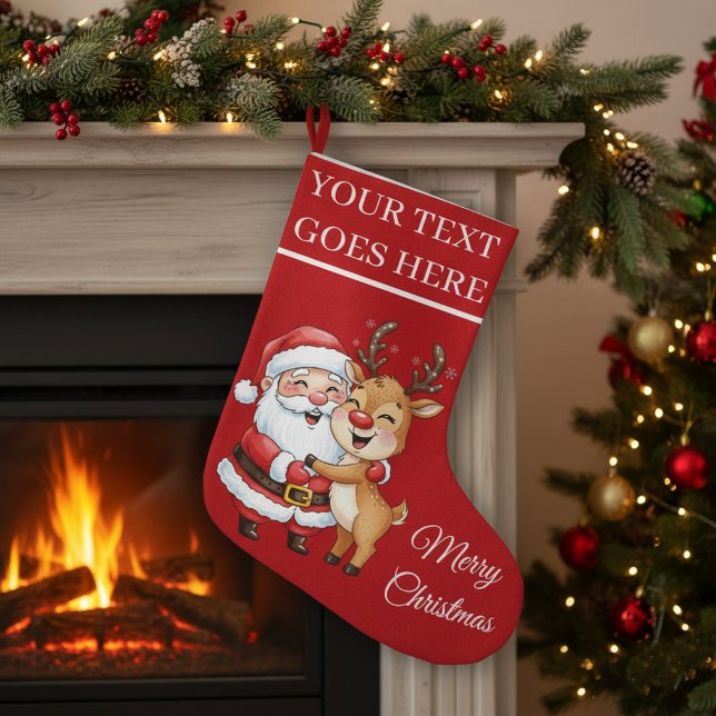 Cute Santa & Reindeer Hugging Personalized  Large Christmas Stocking (Creator Uploaded)