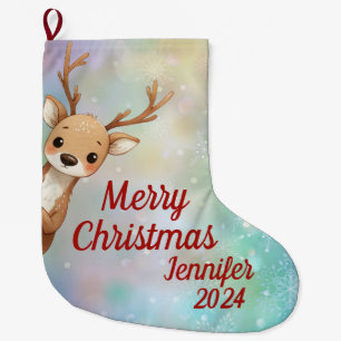 Cute Santa Reindeer Large Christmas Stocking