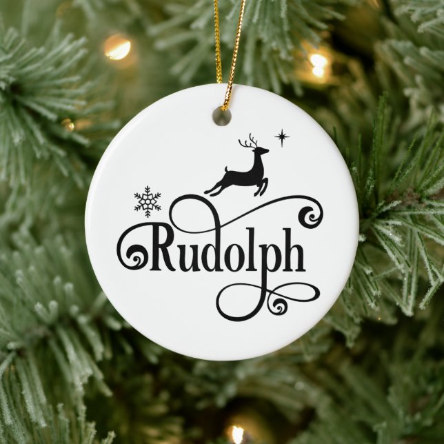 Cute Santa Reindeer Names Rudolph Christmas Ceramic Ornament (Tree)
