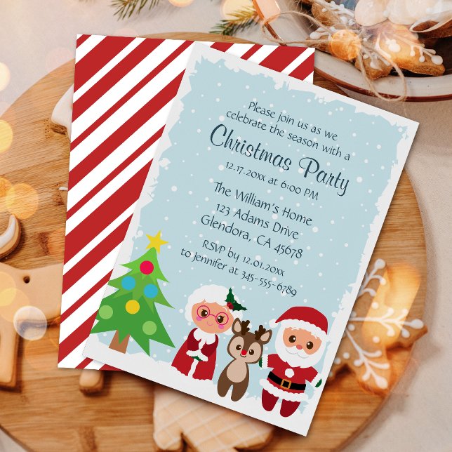 Cute Santa | Reindeer | Snow Flake Christmas Party Invitation (Invite your guests with our cute Christmas party invitations featuring Santa, Mrs. Claus & reindeer!)