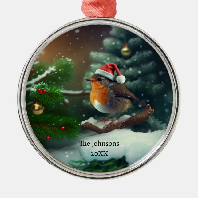 Cute Santa Robin with custom text/textless Metal Ornament (Front)