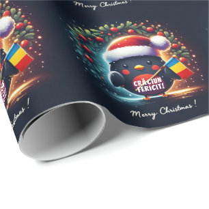 Cute Santa Robins Romanian Flag Wrapping Paper