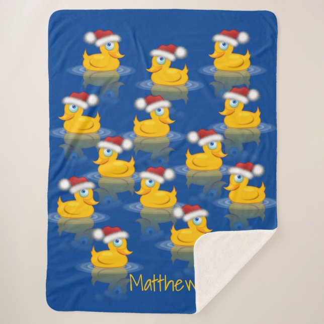 Cute Santa Rubber Ducks On Dark Blue Background Sherpa Blanket (Front)