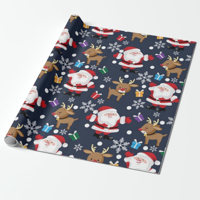 Cute Santa/Rudolph Christmas Pattern Wrapping Paper (Unrolled)
