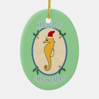 Cute Santa Seahorse Christmas Blue Green Ceramic Ornament
