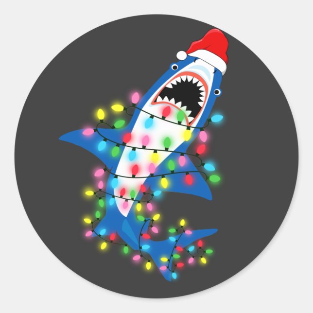 Cute Santa Shark Christmas Lights Classic Round Sticker (Front)